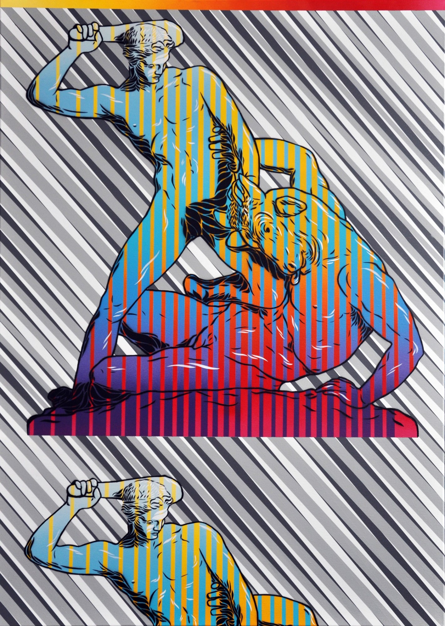 michal_maka__tezeusz_i_minotaur_,_acrylic,_spray,_hand-cut_stencils_on_canvas,_140x100cm,_2019